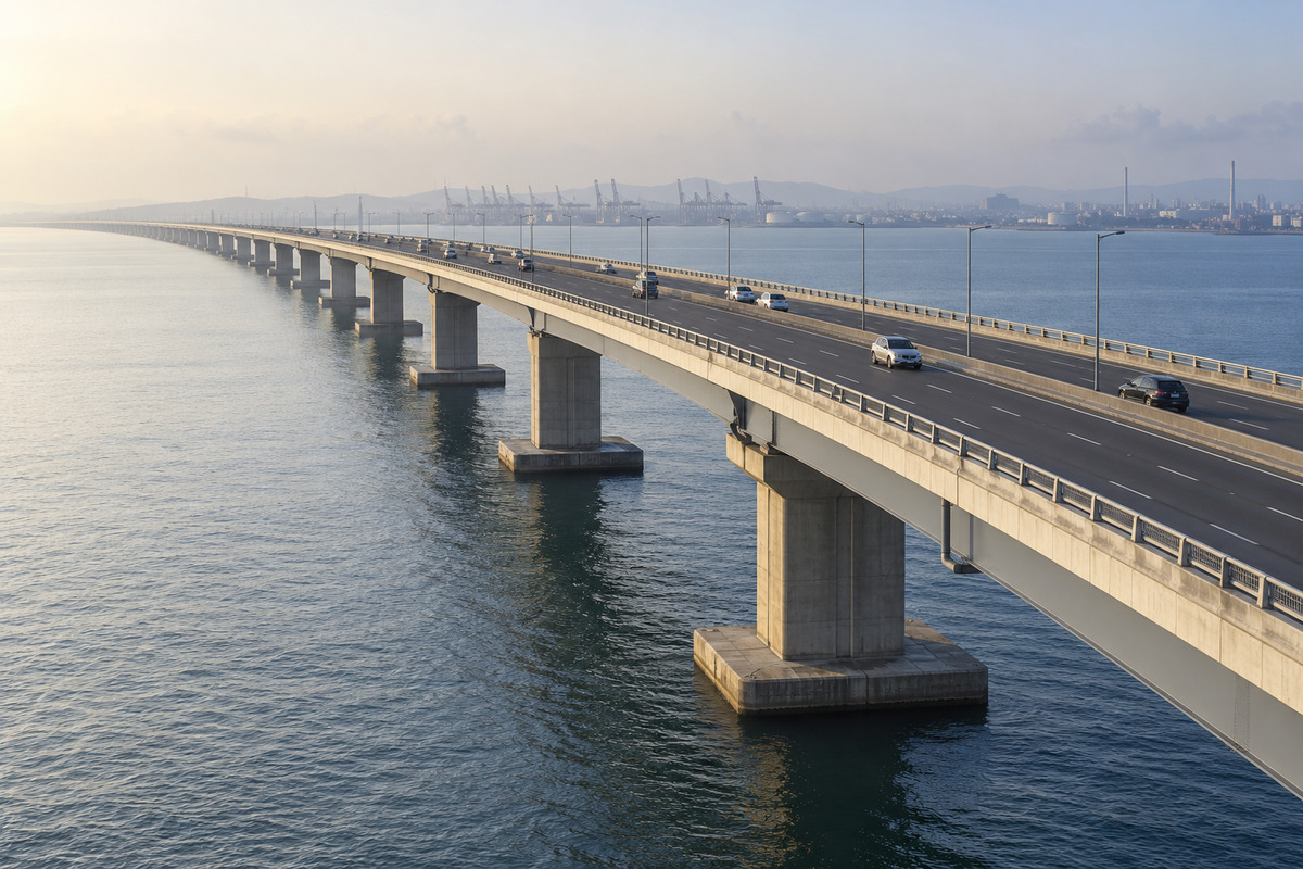 Road bridge above coastal harbour water