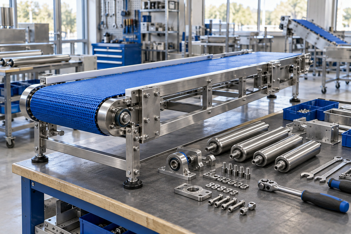 Conveyor components at a food-machinery assembly bench