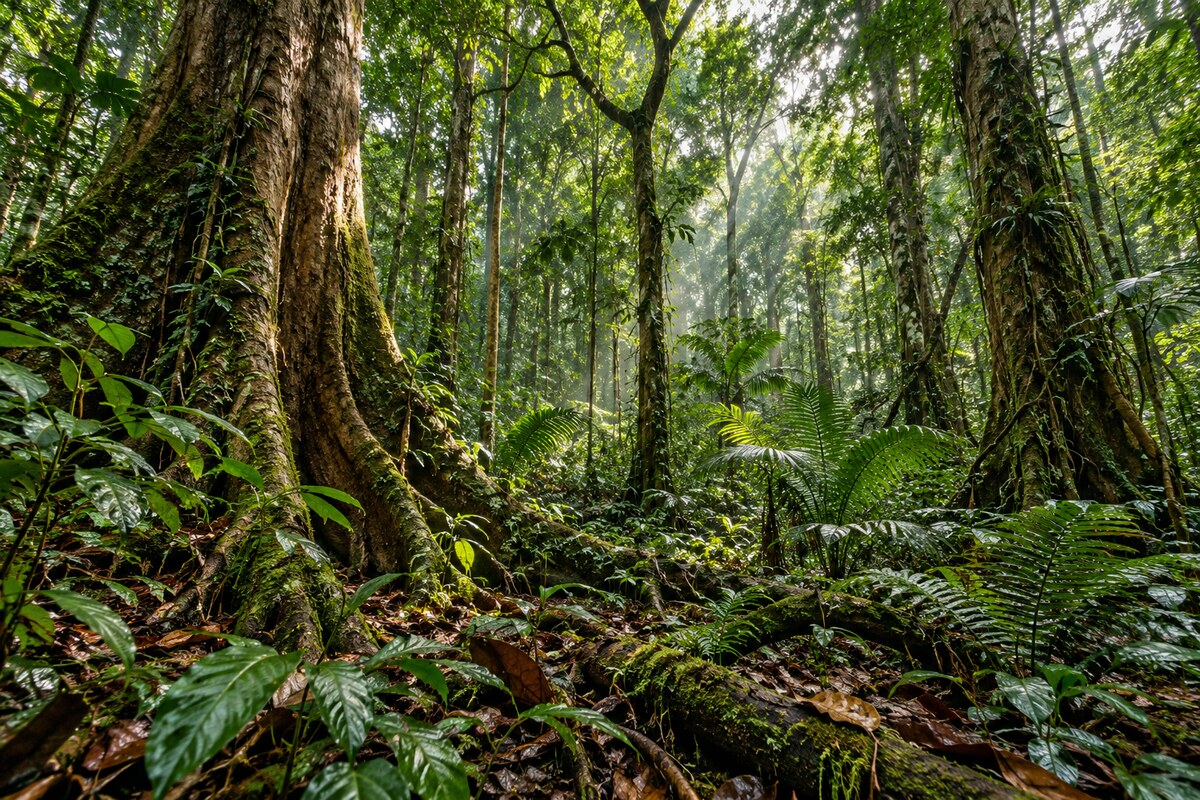 Tree trunks beneath tropical foliage