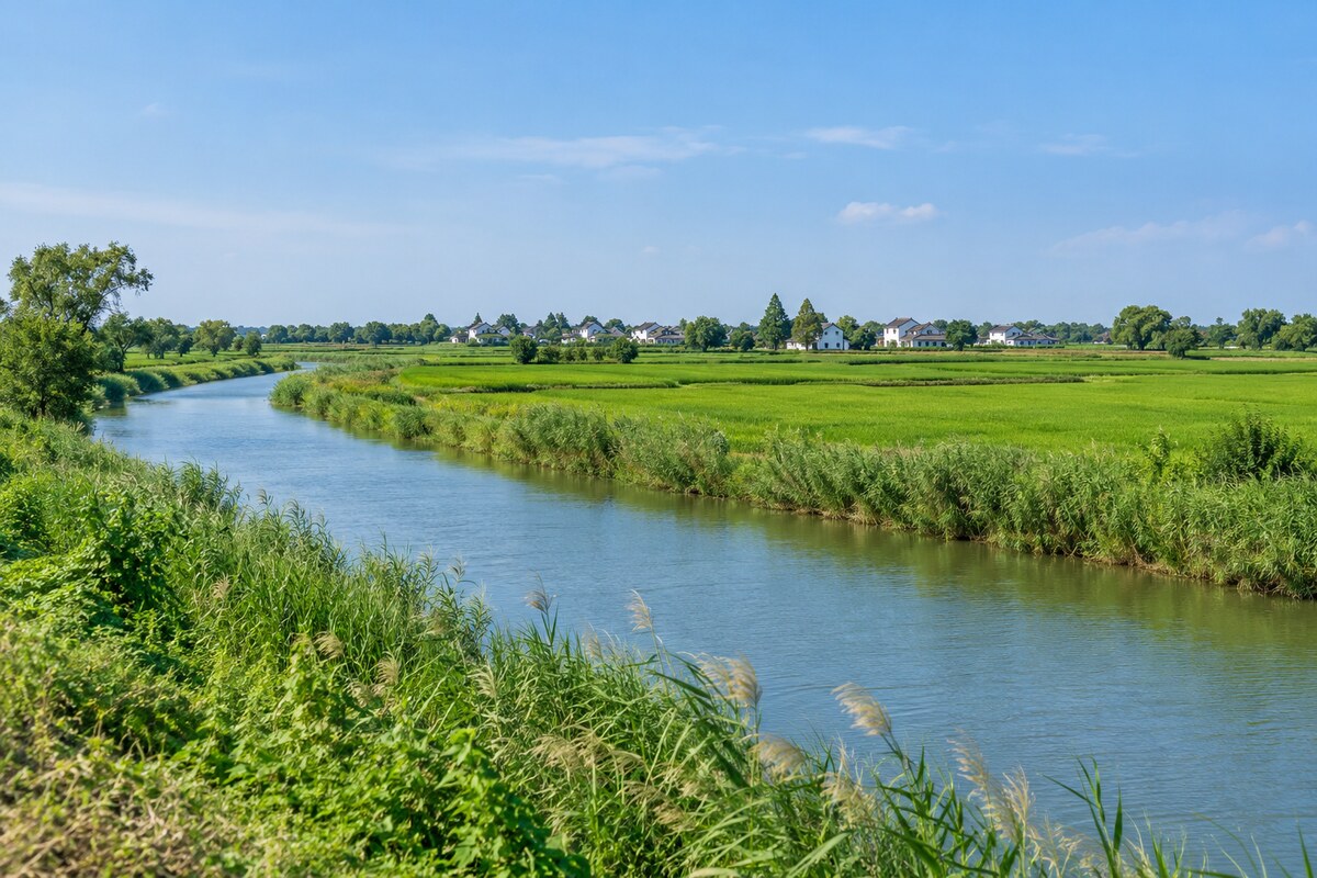 Jiangsu countryside Canal and cultivated fields in Jiangsu