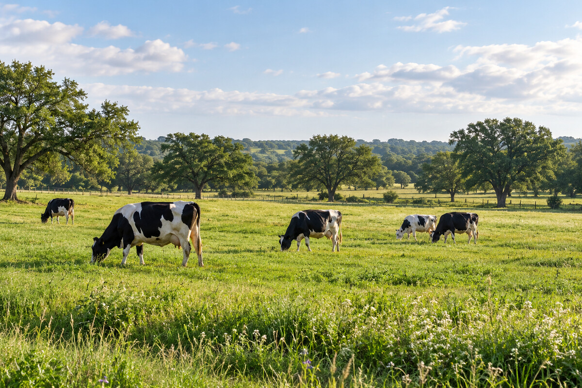 Dairy cattle grazing in Central Texas countryside